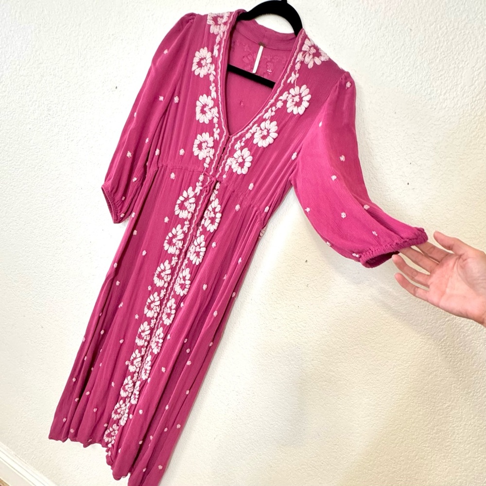 Free People Embroidered Fable Midi Dress - Raspberry Size Small - Picture 3 of 13